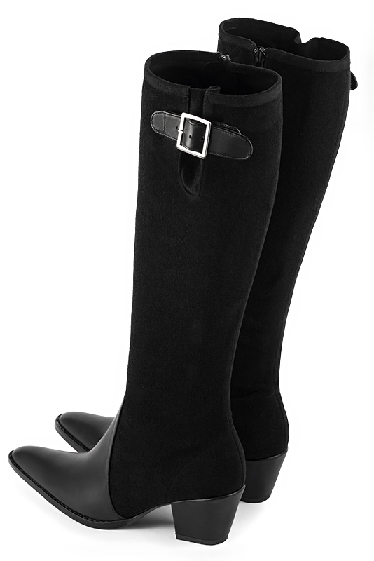 Satin black women's knee-high boots with buckles. Tapered toe. Medium cone heels. Made to measure. Rear view - Florence KOOIJMAN